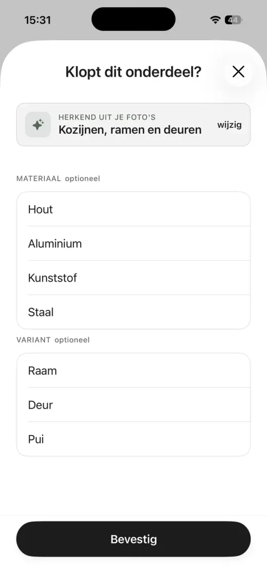 Kadero-app herkent het bouwdeel automatisch uit de foto: kozijnen, ramen en deuren