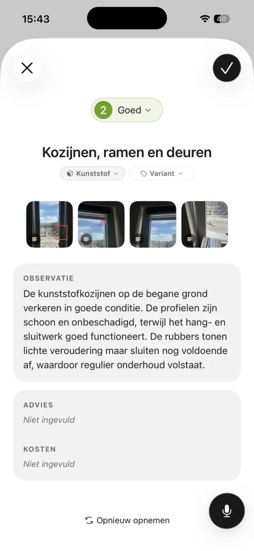 Uitgewerkte bevinding met NEN 2767-conditiescore en foto's in de Kadero-app